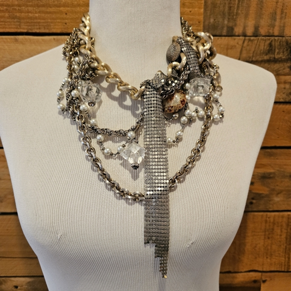 Mishka Piaf goldtone statement necklace made w/ repurposed vintage jewelry